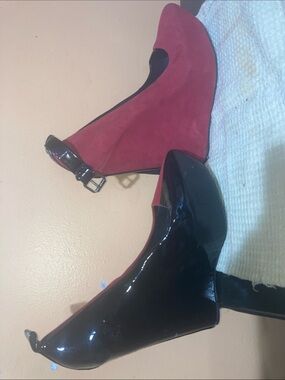 Y2K Red Suede and Black Patent Wedge Heels with Ankle Strap